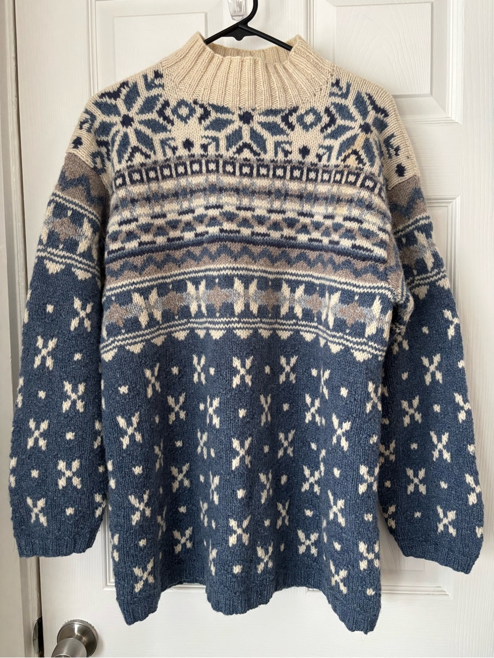 Vintage L.L. Bean Nordic Turtleneck Sweater - Blue & Cream with Tan Accents